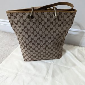 GUCCI GG Monogram Large Eclipse Tote Shoulder Bag Canvas Leather Purse Brown